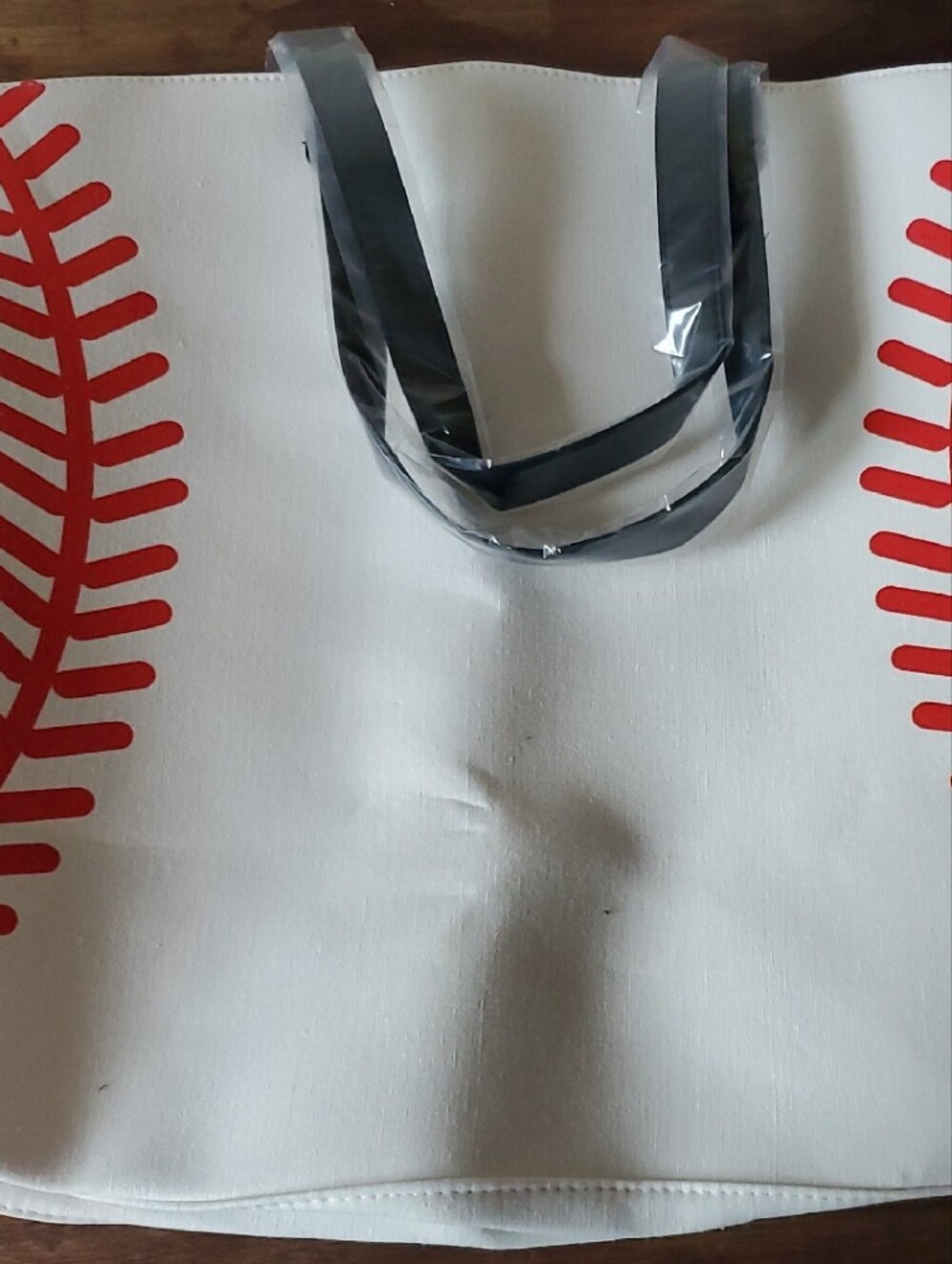 Baseball Print Tote Bag - Red Stitching on White